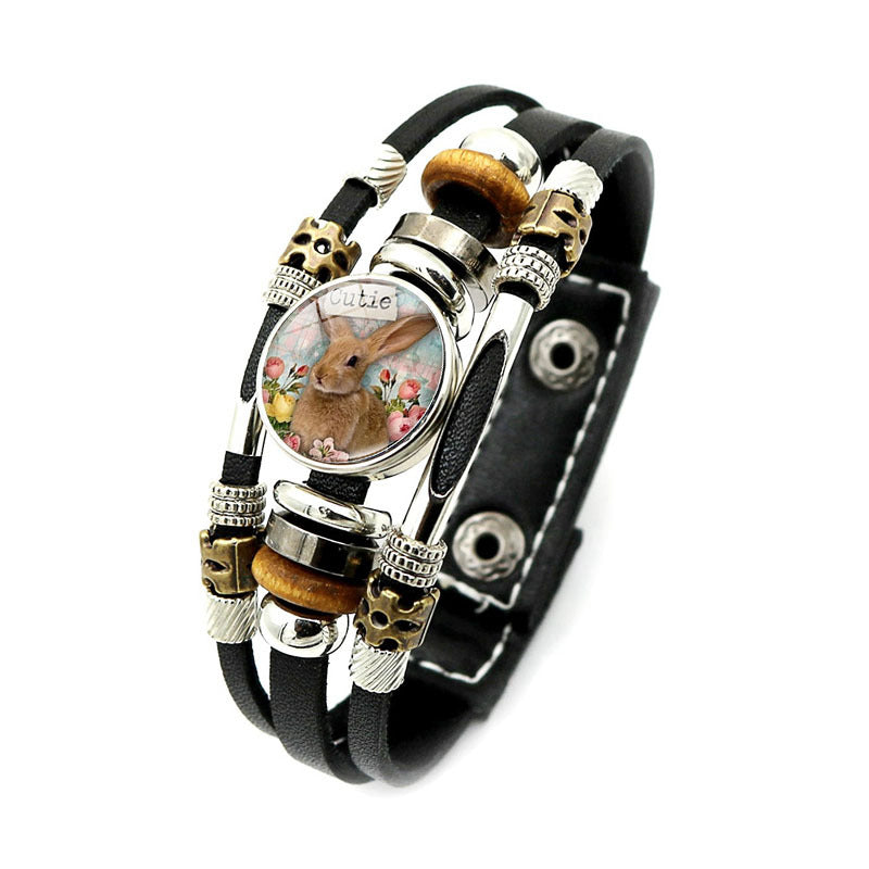 Wholesale Easter Rabbit Button Woven Beaded Leather Bracelet